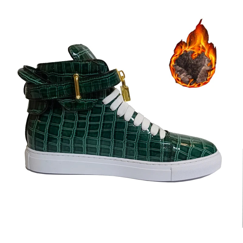 Men Embossed Crocodile High Top Shoes Lock Lace Red Green Flats Real Leather Designer Boots Men‘s Casual Shoe 2021