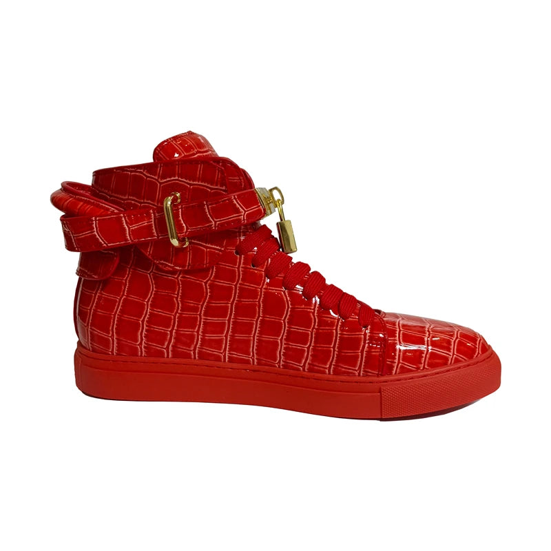 Men Embossed Crocodile High Top Shoes Lock Lace Red Green Flats Real Leather Designer Boots Men‘s Casual Shoe 2021