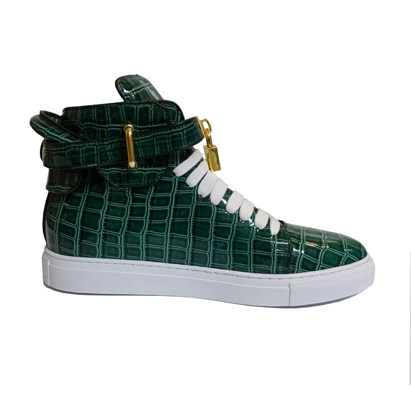 Men Embossed Crocodile High Top Shoes Lock Lace Red Green Flats Real Leather Designer Boots Men‘s Casual Shoe 2021