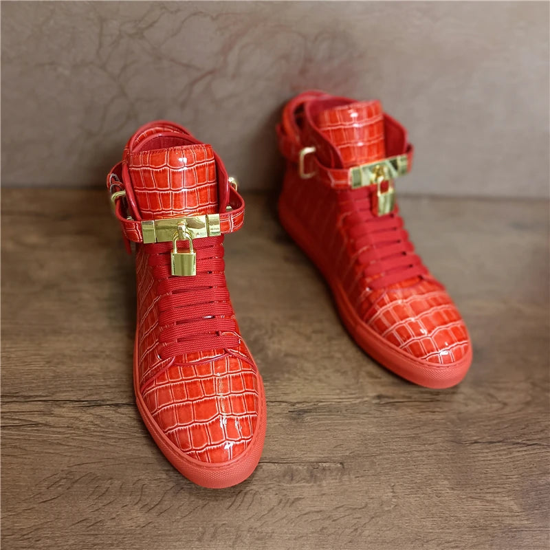 Men Embossed Crocodile High Top Shoes Lock Lace Red Green Flats Real Leather Designer Boots Men‘s Casual Shoe 2021