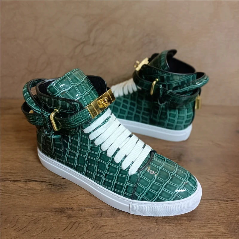 Men Embossed Crocodile High Top Shoes Lock Lace Red Green Flats Real Leather Designer Boots Men‘s Casual Shoe 2021