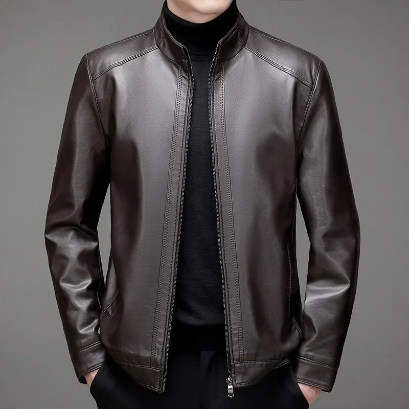 New Oversized Men's Autumn and Winter Thick Leather Jacket Loose Standing Collar Middle-aged Jacket