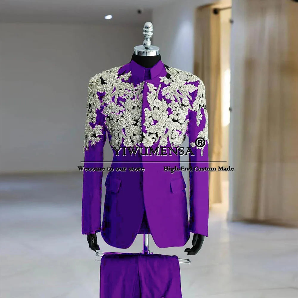 Man Luxury Groom Tuxedo Sliver Crystals Diamond Appliques Suits Men For Wedding Bespoke Stand Collar Jacket Pants 2-Piece Sets