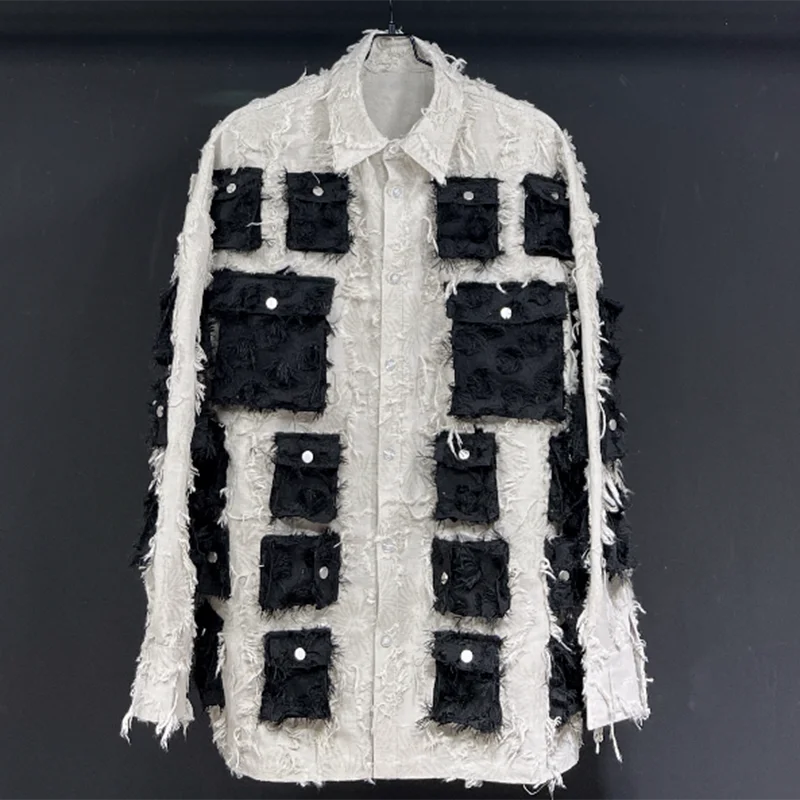 PFHQ Long Sleeved Coat Loose Cotton Linen Men's Shirts Three-dimensional Small Pocket Patchwork Creativity Delicacy Tops 21Z1524