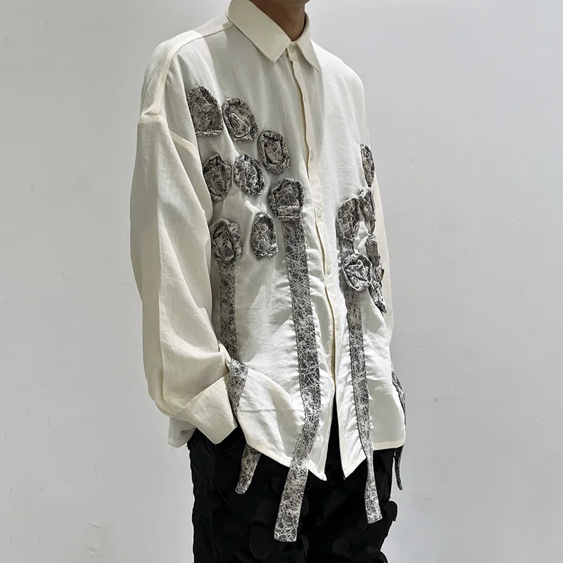 PFHQ 3D Handmade Old Flower Shirts Summer Men's Handsome Ribbon Long Sleeve Light Luxury Button Sports Casual Male Tops 21Z4849