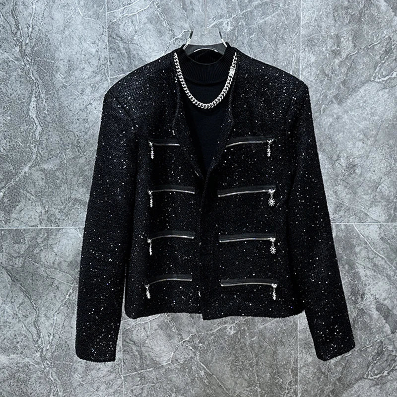 PFHQ Short Jacket Sequins Multiple Zippers Design Fashion Trendy Long Sleeve Darkwear 2024 Male Tops Korea Casual 21Z5591