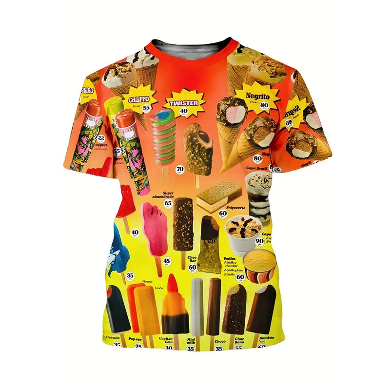 3D Printing Ice Cream Pattern Printed T-shirt Fashion Street Colorful Crew Neck Funny Tee Shirts Summer Tees Tops Cloting 2024