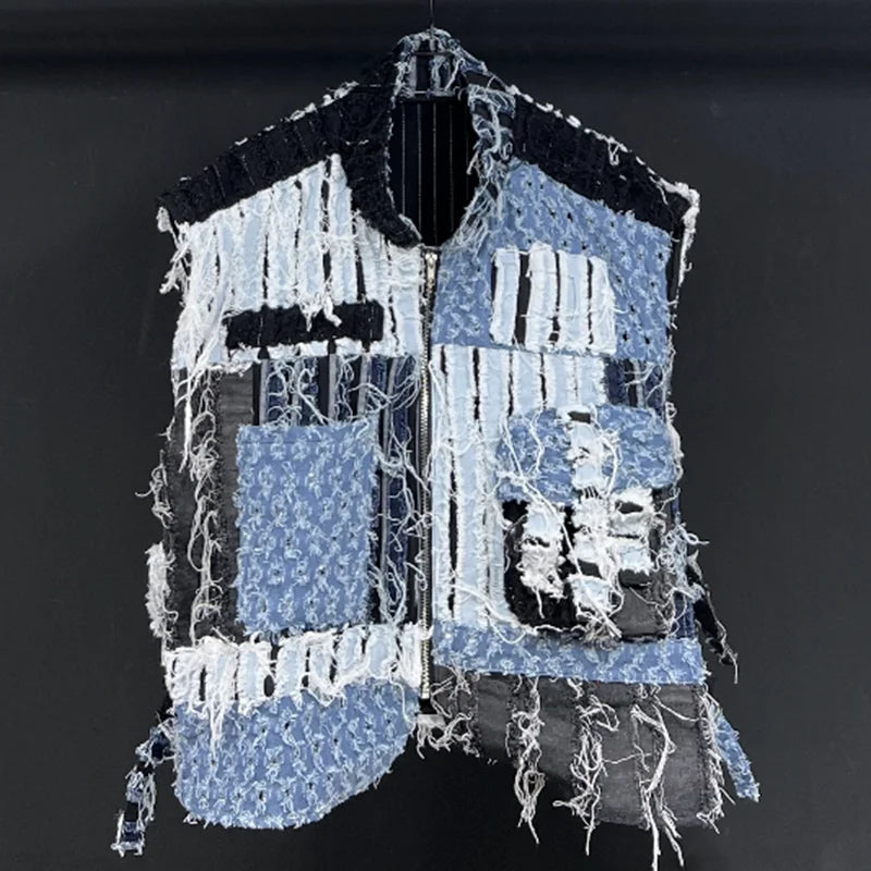 PFHQ Summer Men's Worn Out Denim Vest High Quality Patchwork Techwear Creativity Contrast Color Motorcycle New Waistcoat 21Z1136