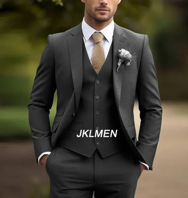 3 Piece Army Green Business Suit Men Tuxedos Groom Groomsman Prom Wedding Party Formal  Set Jacket Vest Pants