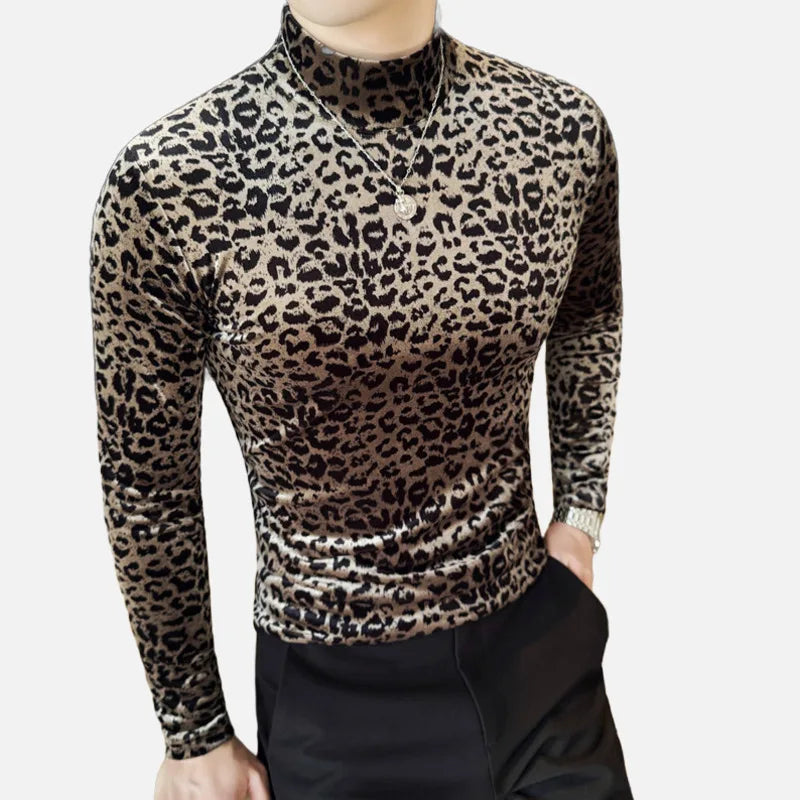 PFHQ Leopard Print Men's Tees Mock Neck Long Sleeve Pleuche Slim Niche Design Casual Clothing Pullover Male T-shirt 2025 21Z9022