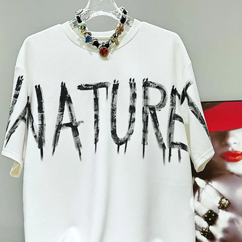 PFHQ High Street Versatile Men's Tops Summer Hand Drawn Letter Print Loose Short Sleeve Round Collar T-shirt Creativity 21Z4982