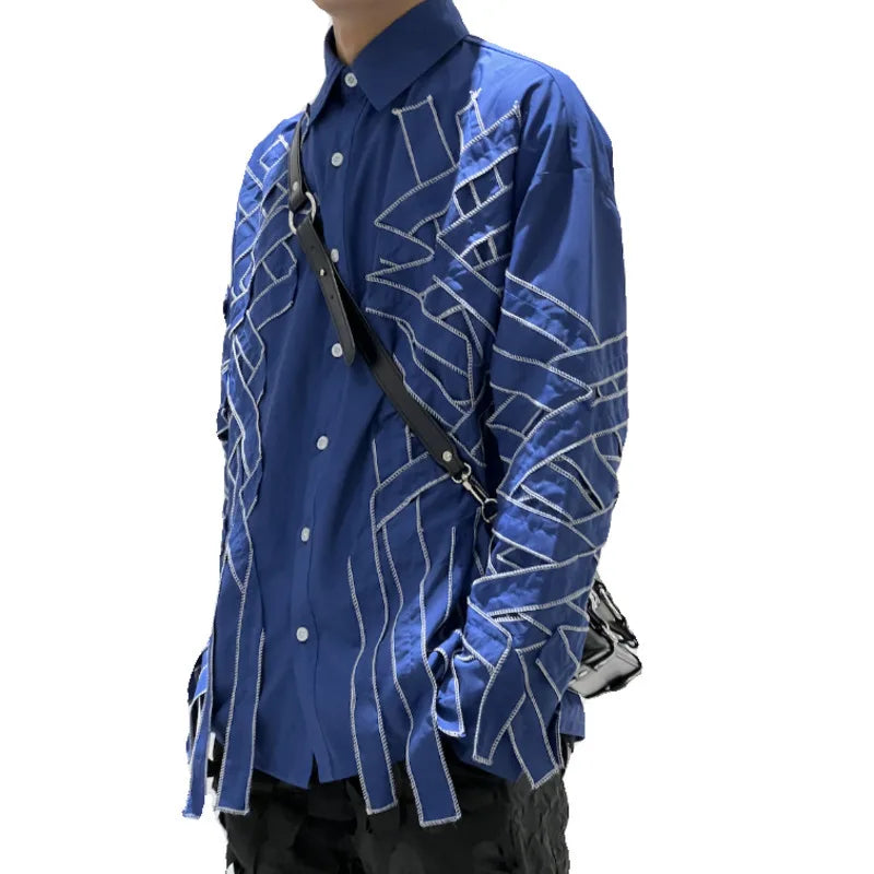 PFHQ Long Sleeve Textured Male Shirts Summer Haute Quality Three-dimensional Silk Gloss Thin Loose Turn-down Collar Tops 21Z4827