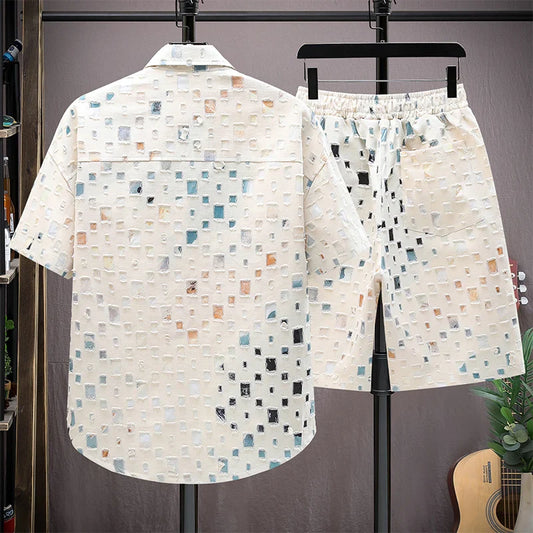 Men Summer 2 Pieces Set Tracksuit Men's Shirt Shorts Harajuku Streetwear Oversized Men Sets Short Outfits Suits