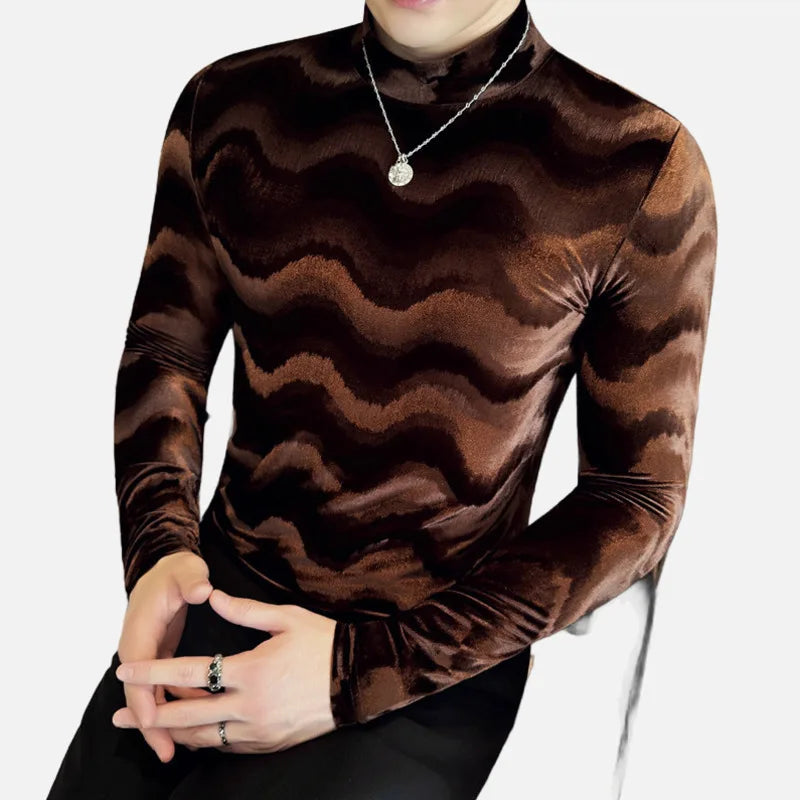 PFHQ Wave Patterned Pleuche Long Sleeved Men's T-shirt Slim Niche Design Mock Neck Solid Color Slim Male Clothing 2025 21Z9024