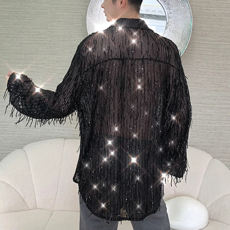 PFHQ Irregular Beaded Tassel Shirts Men's Nightclub Sequin Light Luxury Sexy Handsome Personality Male Tops Summer New 21Z4206