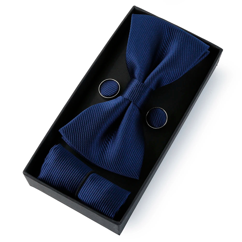 HUISHI Classic Black Bowtie Bow Ties For Mens Butterfly Bowknot Pocket Square Cufflinks Suit Set Bussiness Accessories Gift Box