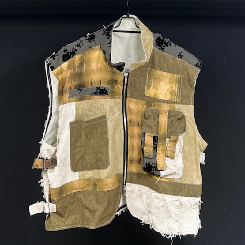 PFHQ Patchwork Plaid Tie Dye Decoration Male Vest Fashion Zippers Short Tactical Vintage Outdoor Camping Men's Waistcoat 21Z4831
