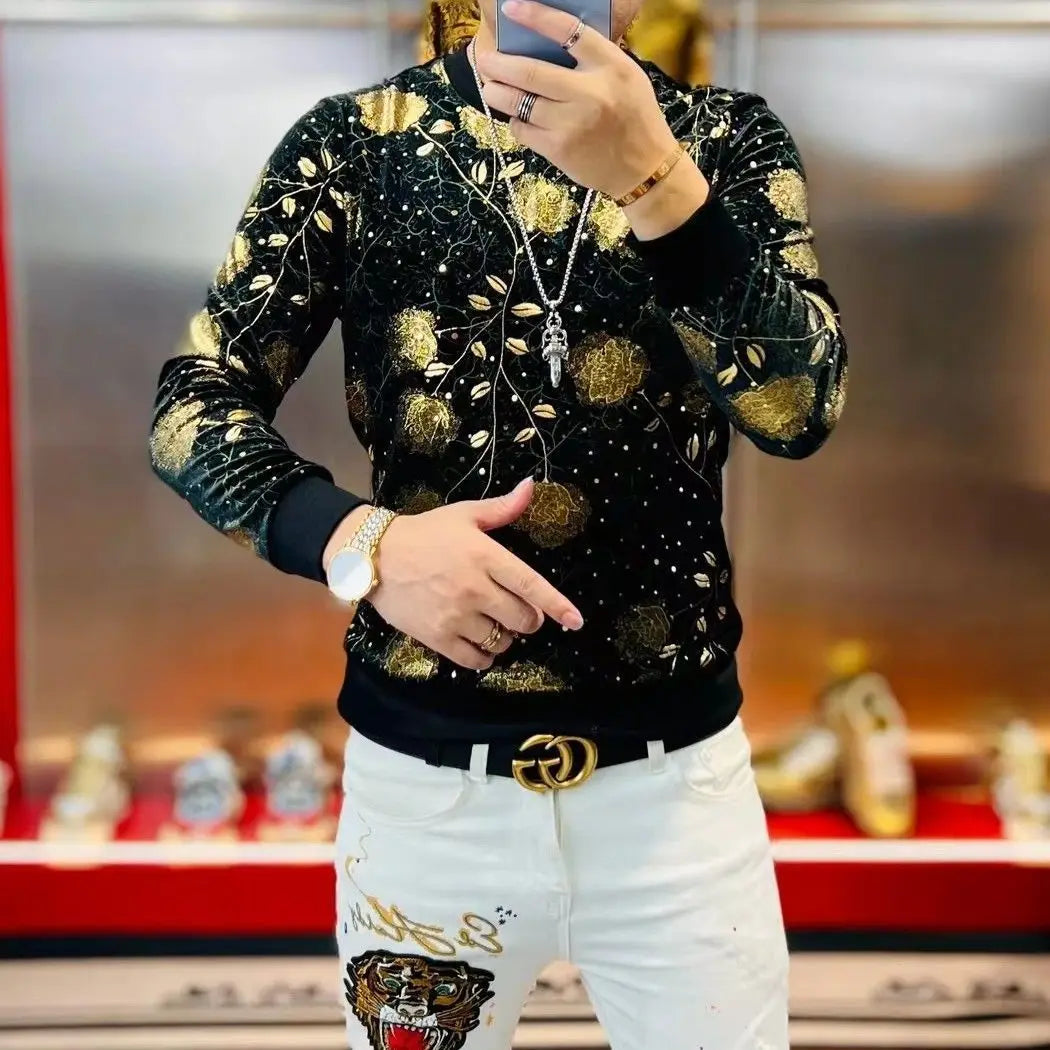 New Autumn Winter Men Long Sleeved Hoodie with Golden Branches and Jade Leaves Pattern Fashionable and Versatile with Velvet Top