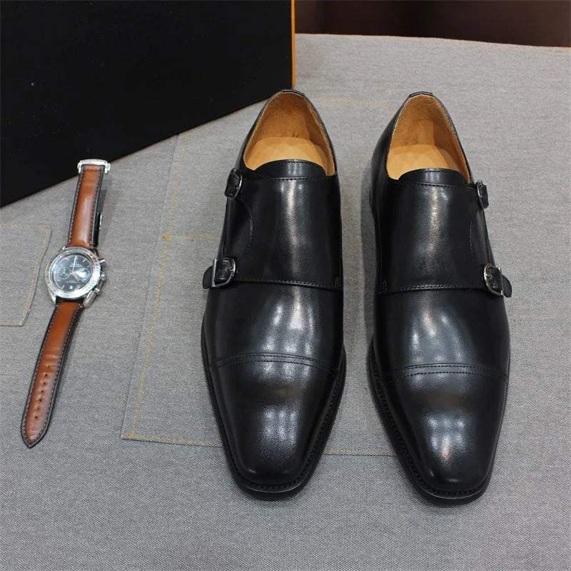 Luxury Handmade Genuine Leather Men's Shoes Formal Classic Double Buckle Monk Shoes Pointed Toe Business Dress Wedding Men Shoes