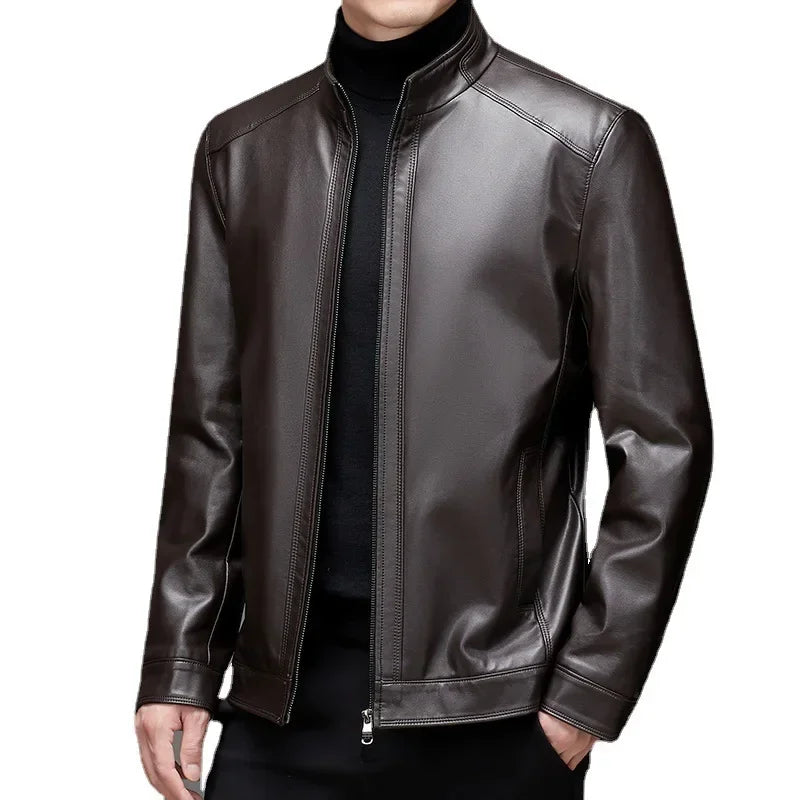 New Oversized Men's Autumn and Winter Thick Leather Jacket Loose Standing Collar Middle-aged Jacket