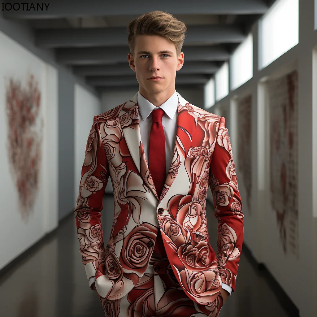 Men's Flame 3D Printed Suit Casual Party Flowers Pattern Outfit American Irregular Lines Men's Suits Nightclub Cool Showing Sets