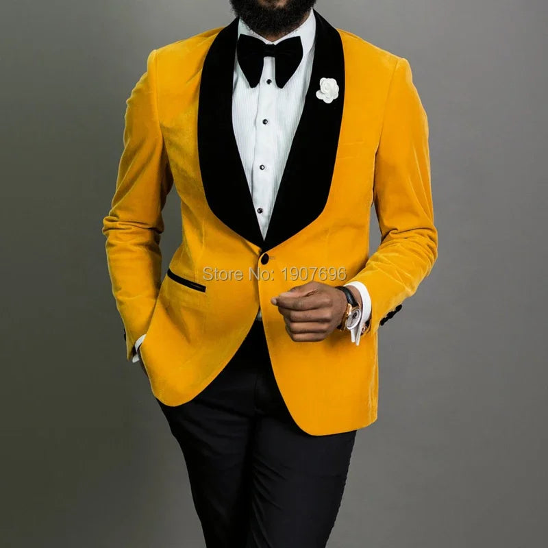 Yellow Velvet Wedding Tuxedo With Black Pants 2 Piece Slim Fit Men Suit For Prom African Male Fashion Blazer