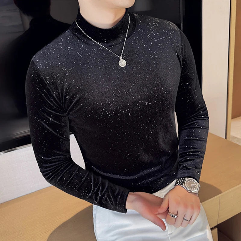 PFHQ Fashionable Starry Sky Long Sleeved T-shirts Mock Neck Pleuche Solid Color Male Tops Slim Casual Menswear Clothing 21Z9021