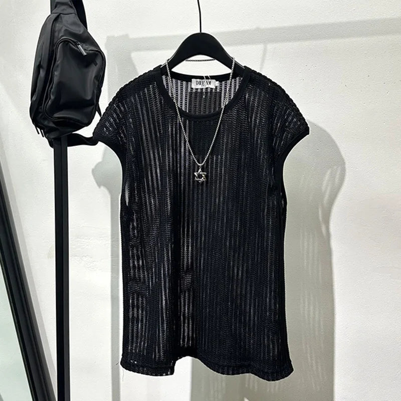 PFHQ Summer Trendy Niche Darkwear Hollowed Out Loose Knit Vest Solid Color Round Neck Korea Fashion Male Tops 21Z5188