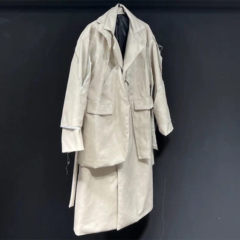 PFHQ Windbreaker Haute Quality Patchwork Male Autumn Long Over Knee Loose Trendy PU Leather Worn Out Men's Trench Coat 21Z4288
