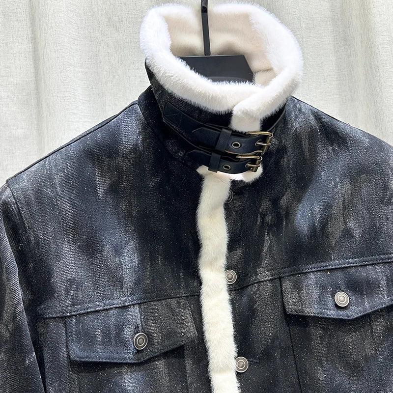 PFHQ Winter Trendy Men Denim Jacket Cotton Fashionable Versatile Thick 2024 Contrast Color Tie-dyed Male Tops 21Z7555