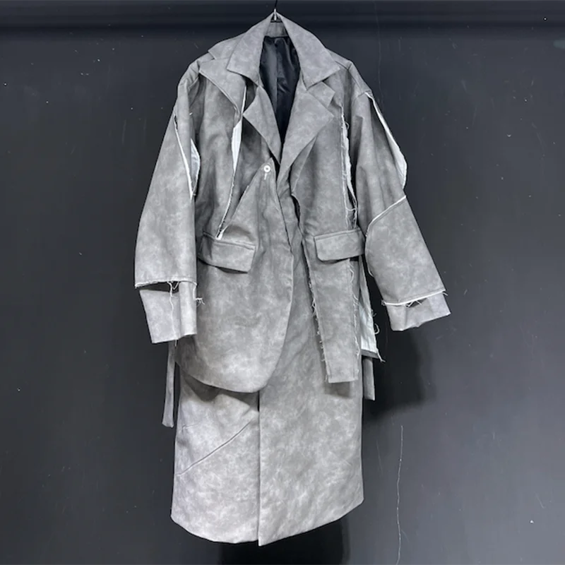 PFHQ Men's PU Leather Silhouette Lapel Windbreakers Tide Fake 2-piece Patchwork Single Breasted Autumn Long Trench Coat 21Z4291