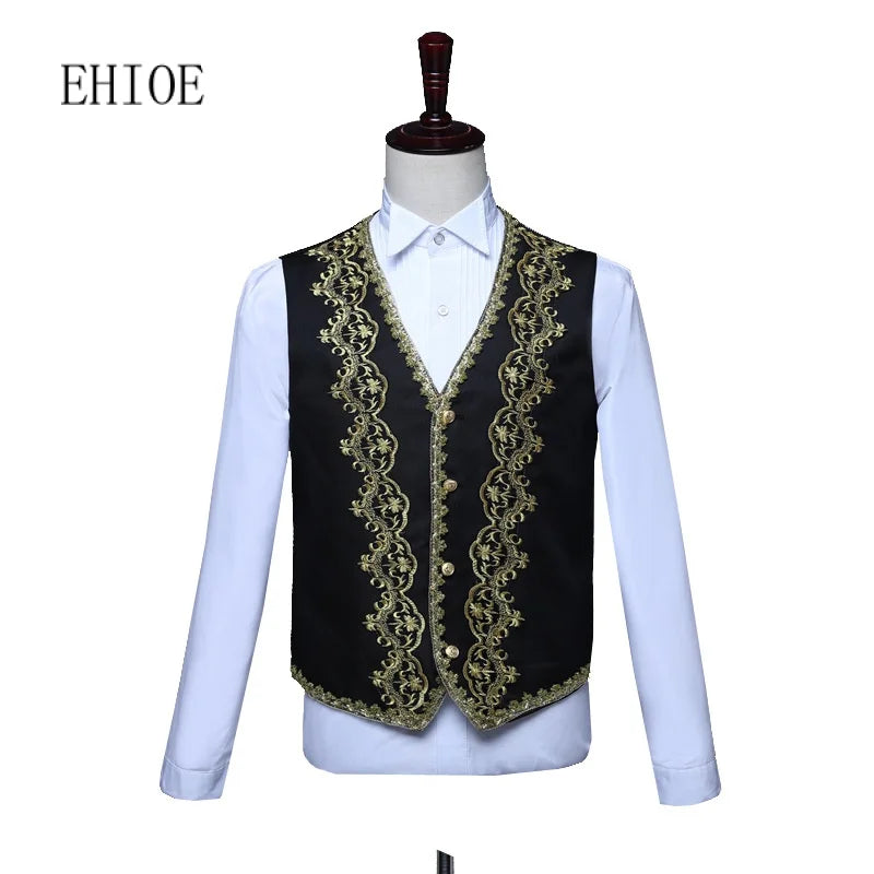 Ehioe Men 3-Piece Suit Medieval Embroidered Jacket Vest Pants Royal Court Men's Wedding Suit European Retro Court Dress Costumes