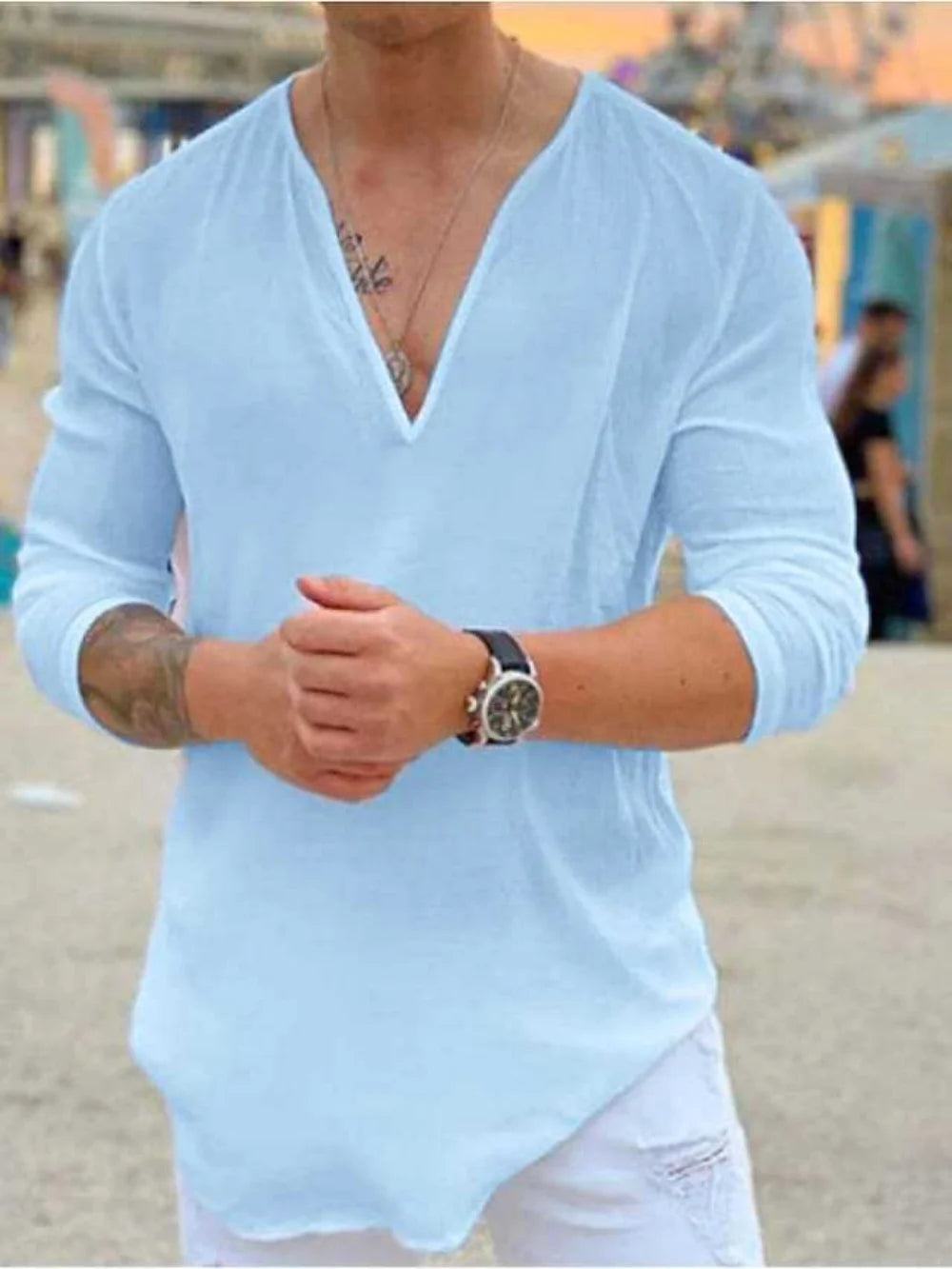 New men's Casual Shirt Trend Fashion V-Neck Loose Street Style Solid Color Long-Sleeved Pullover Spring And Autumn Tops