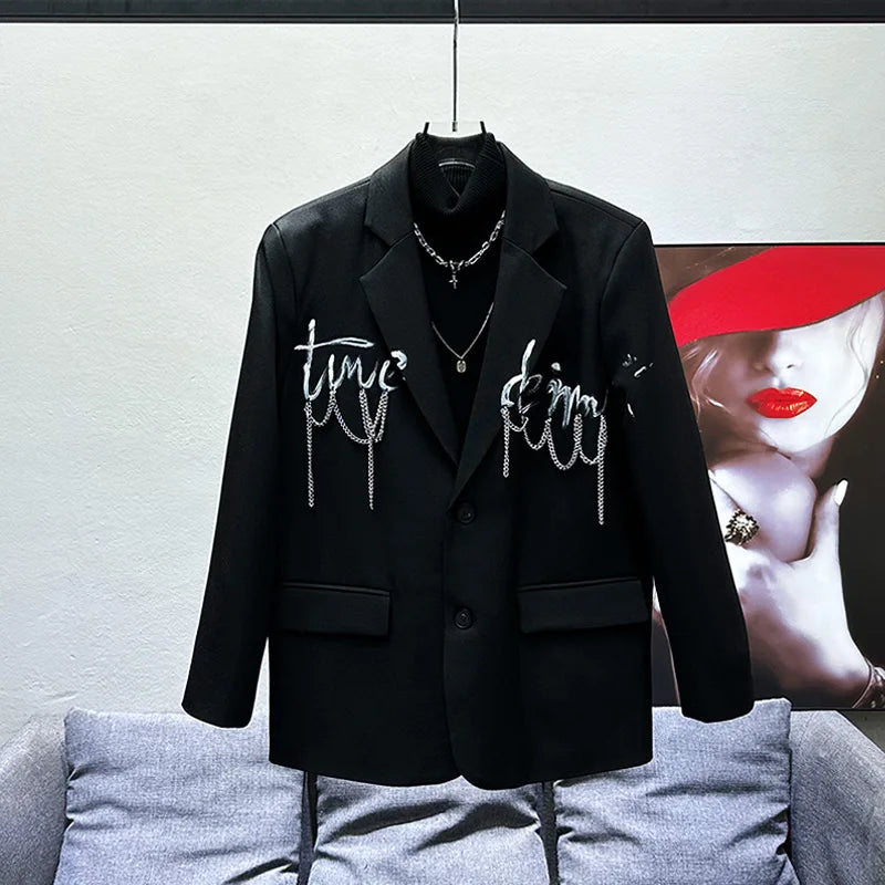 Men's 2024 Spring Autumn Fashion Trendy Suit Jacket Handsome Casual Loose Black Suit Jackets High-end High Street Letter Blazers