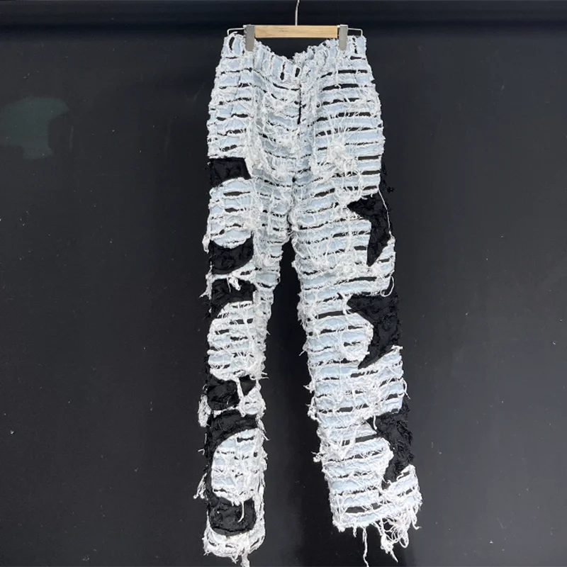 PFHQ Men's Jeans Moon Stars Pattern Straight Patchwork Thickened Worn Out Vintage Outdoor Motorcycle Denim Pants Autumn 21Z2301