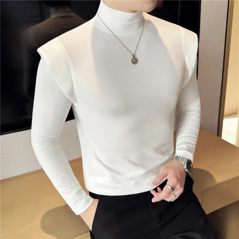 PFHQ Korean Style Men's Tees Mock Neck Fake Two-piece Solid Color Slim Tops Long Sleeve Casual Male T-shirts New Simple 21Z9027