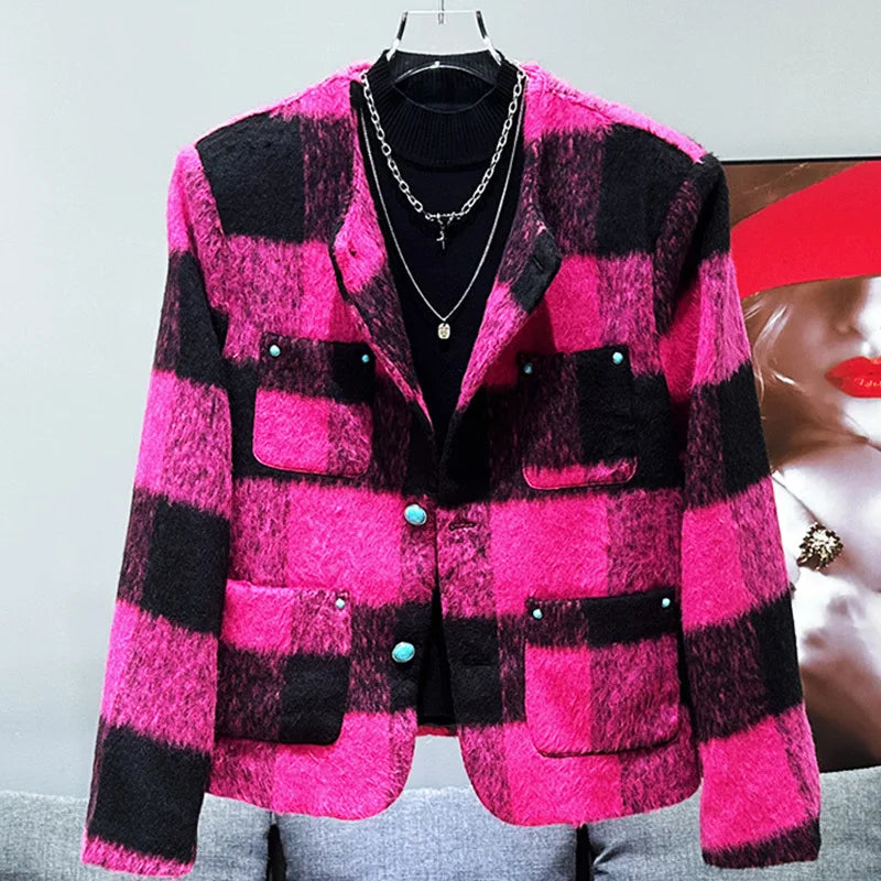 PFHQ 2024 Winter New Design Hairy Coat Korean Fashion Stylish Short Jacket Contrast Color Pleated Male Tops New 21Z7247