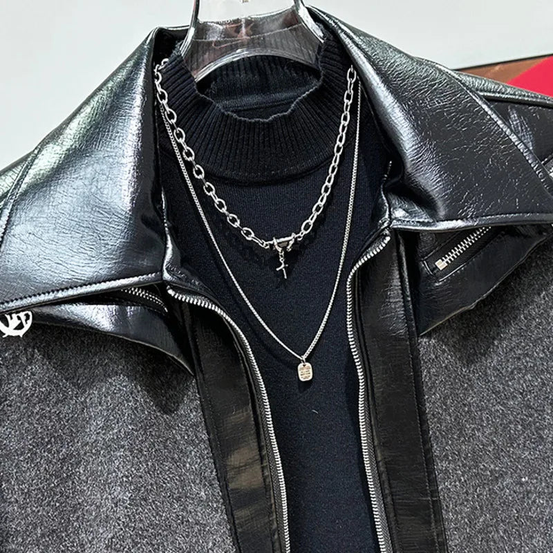 PFHQ Korean Splicing Color Design Short Jacket Autumn Winter New Pu Leather 2024 Zipper Contrast Color Male Tops 21Z7252