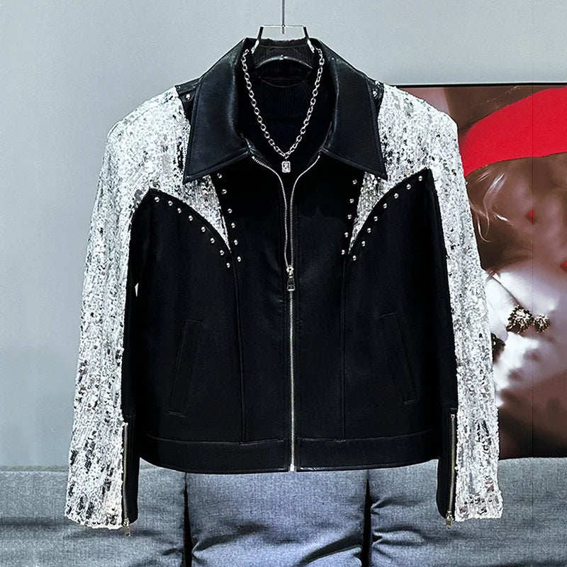 PFHQ Men Short Jacket 2024 Autumn Winter New Willow Nail Sequin Decoration Design Casual Loose Versatile Zipper Tops 21Z6056