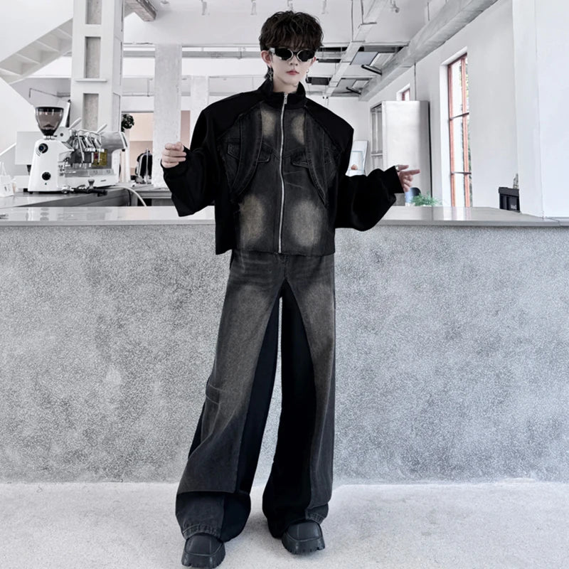LUZHEN Two Piece Sets Color Contrast Denim Patchwork Jackets Personalized High Street Trendy Casual Pants American Male LZ7024