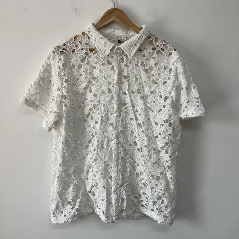 PFHQ Heavy Industry Summer Shirts Male Embroidery Hollow Out Personality Perspective Design Men's Short Sleeved Tops New 21Z4662