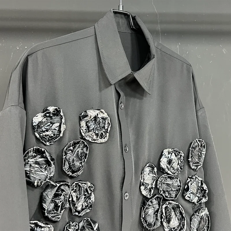 PFHQ Men's Handmade Flowers Shirts Summer Single Breasted Handsome Temperament Advanced Male Lapel Tops Niche Design New 21Z4537