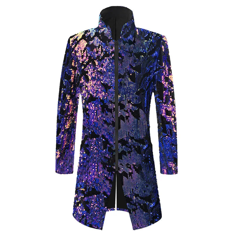 Men Luxury Velvet Sequins Long Blazer Suit Jacket Stand Collar Zipper Glitter Middle Length Tuxedo Coat Male Party Stage Clothes