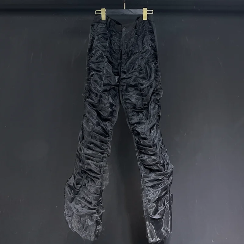 PFHQ Summer Organza Pleated Texture Men's Flare Pants Darkwear Light Luxury Avant-garde Advanced Motorcycle Trousers New 21Z4813