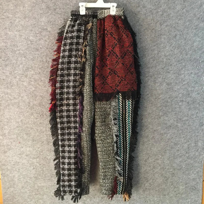 PFHQ Niche Design Tweed Wornout Tassel Plaid Patchwork Men's Casual Pants Stylish High Quality Personality Tide Trousers 21F1945