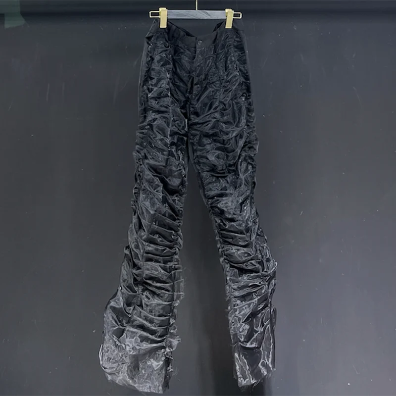 PFHQ Summer Organza Pleated Texture Men's Flare Pants Darkwear Light Luxury Avant-garde Advanced Motorcycle Trousers New 21Z4813