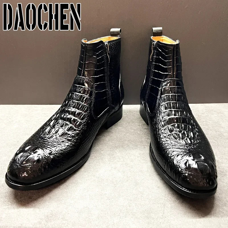 Luxury Men Ankle Boots Shoes Black Brown Crocodile Printed Zipper Chelsea Double Buckle Genuine Leather Dress Men Boots