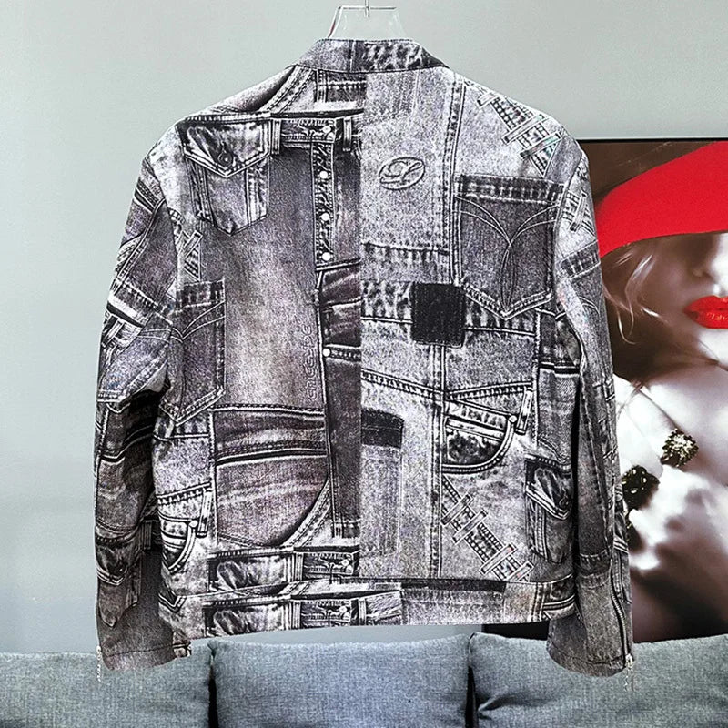 PFHQ Men's Coat Tide Spliced Denim Button Zipper Design Popular Contrast Color Male Short Personality Jackets Summer New 21Z4502