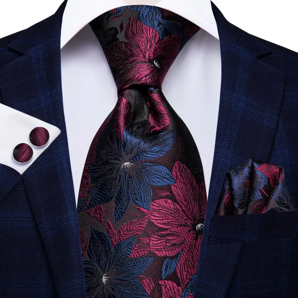Hi-Tie Red Fashion Paisley 100% Silk Men's Tie Set 8.5cm Wedding Ties For Men New Design Hanky Cufflinks Set Quality Necktie