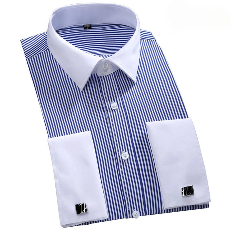 M~6XL Men's French Cuff Dress Shirt 2024New White Long Sleeve Formal Business Buttons Male Shirts Regular Fit Cufflinks Shirt